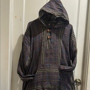 Boho Striped Hooded Pullover with Front Pocket